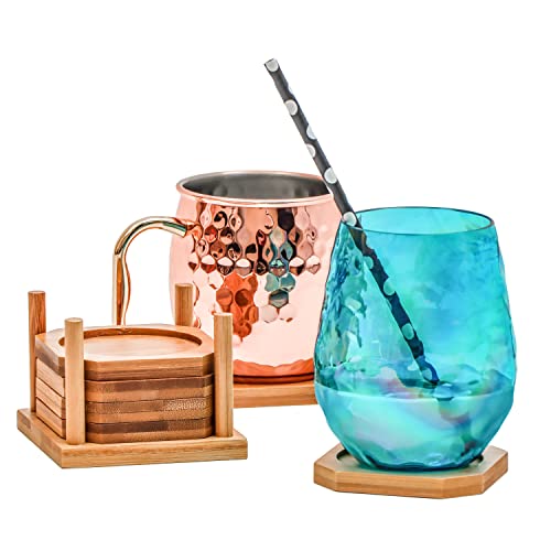 Trademark Innovations Porta-copos quadrados de 8,89 cm 100% bambu natural – Conjunto de 6 com suport