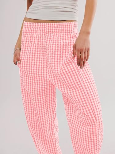 Image of YKR Plaid Pants for Women Gingham Lounge Wide Leg Low Waist Pajama Pants Elastic Waist Trousers with Pocket