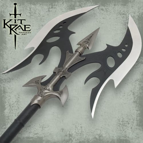 United Cutlery Kit Rae Black Legion Battle Axe | Stainless Steel Blades | Genuine Leather Handle | Metal Handle Accents | Art Print | Fantasy Inspired Battle Axe from the Mind of Kit Rae | 35” Overall