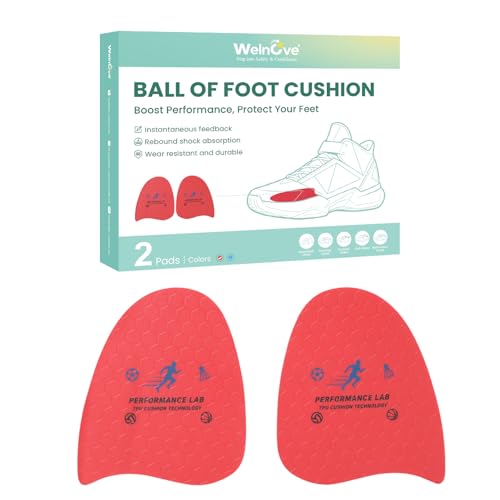 Ball of Foot Cushions for Women Men - Welnove Metatarsal Pads for Sports, Running, Hiking, Workout, Athletic - Heel Inserts for Anti Slip, Forefoot Support, Pain Relief Forefoot Filler Insoles (Red)