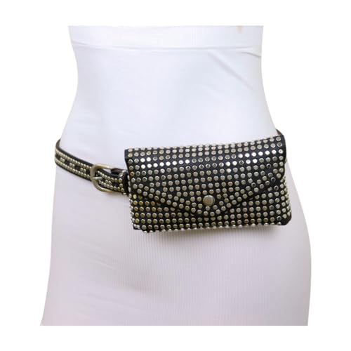 Women Fashion Skinny Black Faux Lerather Belt Hip Waist Silver Metal Studs Wallet Bag Size S M z0374