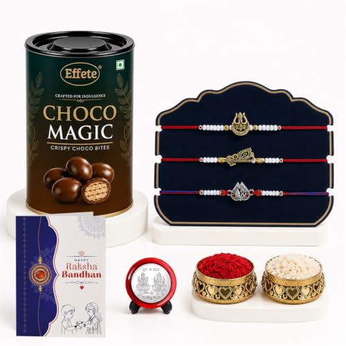 Image of DeoDap Rakhi with Chocolate for Brother - Multi Color Rakhi 3 Pcs with Choco Magic Chocolate 96 gms, Silver Color Coin, Greeting Card & Tilak Set | Raksha Bandhan Combo Pack (K3 1933+1938+1939 EM96)