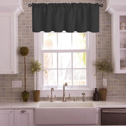 Ladity Black Kitchen Valances for Windows Privacy Window Treatment for Bedroom, Living Room Rod Pocket Blackout Short Window Toppers Heavy Duty 1 Small Farmhouse Patio Door Panel