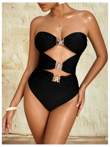 Milumia Women's Metal Starfish Cut Out Strapless Bathing Suit Ruched Bandeau Tube Top One Piece Swimsuits2