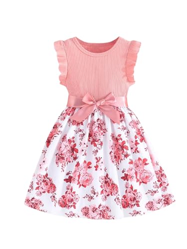 WDIRARA Girl's Floral Print Ruffle Trim Sleeveless Belted Dress Party Flared A Line Dresses