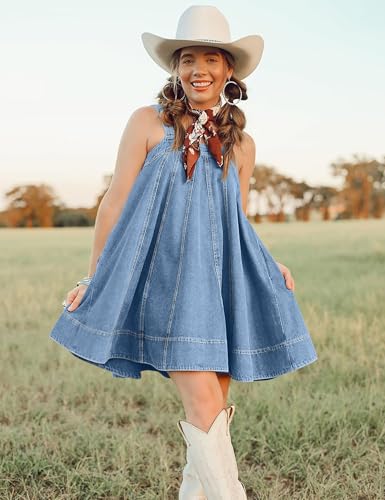 Denim Dress for Women Tie Shoulder with Straps Sleeveless Ruffle Hem Summer Casual mini Jean Dress with Pockets4