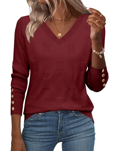 Zeagoo Women Lightweight Sweaters Shirt Long Sleeve Fall Dressy V Neck Sweatershirt Top Ribbed Knit Sweaters Holiday Oufits Red