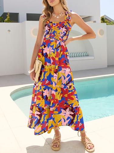 Image of Caracilia Womens Summer Maxi Dresses Floral Smocked Sleeveless Ruffle Boho Casual Flowy Aline Beach Vacation Long Sundress