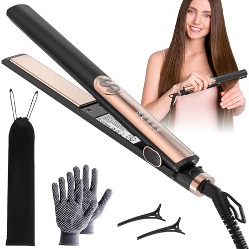 Oxsaytee Hair Iron Straightener Up to 220 Digital 5 Heat Settings Hair iron with Ceramic Coating for Smooth Glide Lasting Results for Curl Auto-shut off Black