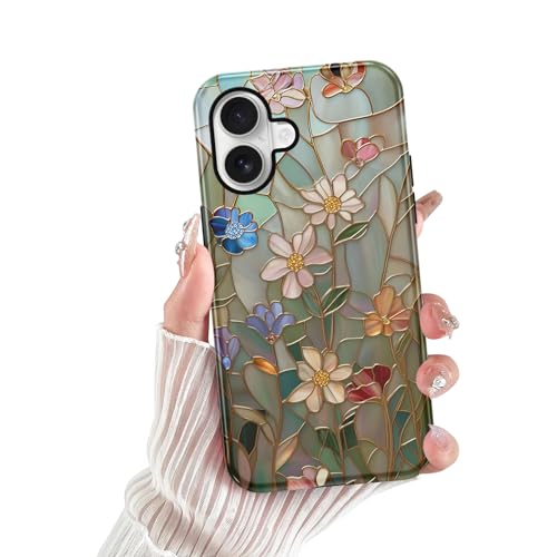 lioscre for iPhone 16 Plus Stained Glass Phone Case 6.7", Aesthetic Colorful Flower Floral Case Cute Pattern Print Design Cover Anti-Scratch Glossy 2-Layer Hard Prevention Funda for Woman Girls Men