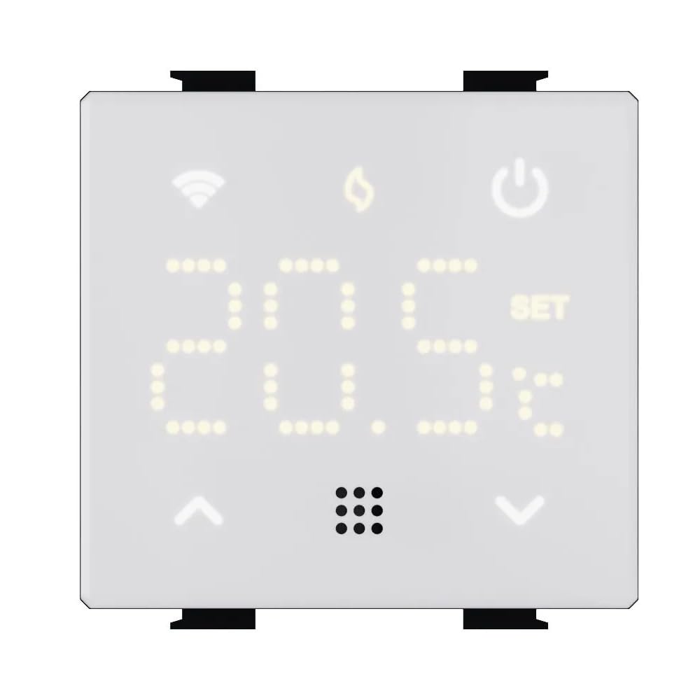 Cronotermostato Smart WiFi compatibile con Vimar Plana, montaggio ad incasso, 2 moduli, touch screen LED, colore bianco, funzionamento remoto con APP, alimentazione 220V 230V, caldaia, riscaldamento
