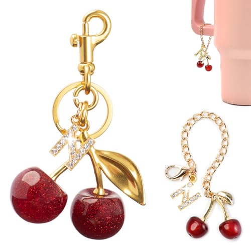 2PC Cherry Keychain Bag Purse Handbag Charms Initial Letter Keychain for Women Girl Cute Key Chain Bling Sparkly
