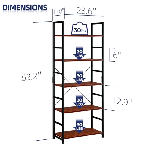 Image of NUMENN Engineered Wood, Alloy Steel 5 Tier Bookshelf, Tall Bookcase Shelf Storage Organizer, Modern Book Shelf for Bedroom, Living Room and Home Office, Vintage, Black Brown (5 Layer)