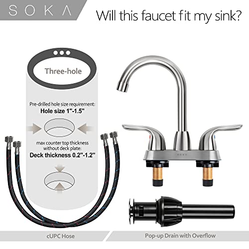 Soka Centerset Bathroom Sink Faucet Two Handles High Arc 4" Lavatory Bath With Deck Plate & Pop-Up Drain Fit 3 Hole Installation, Brushed Nickel (Sk18001Ny) #TOP5