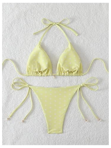 Image of SOLY HUX Women's Polka Dots Print Bathing Suit Halter Triangle Tie Side Bikini Sets Two Piece Swimsuit