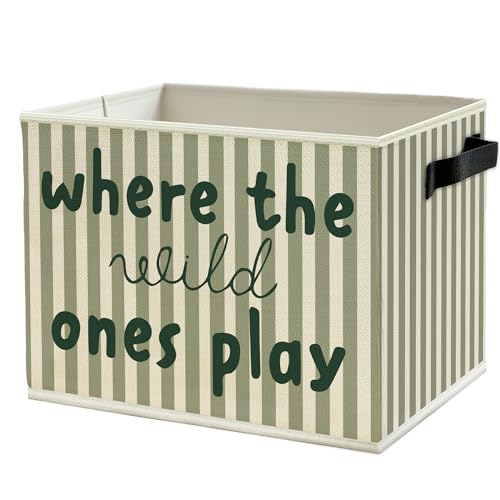 Image of Green Stripe Boho Classroom Storage Bins Box with Handles, Where the Wild Ones Play Collapsible Basket Organizer for Kids Playroom Nursery Bedroom Bathroom Books Clothes