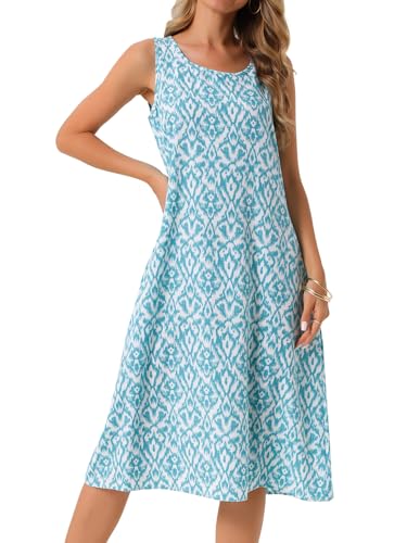 Image of Seta T Women's Summer Dresses Beach Casual Sleeveless Sundress Crewneck Print Loose Midi Tank Dress with Pockets