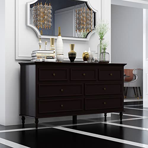 Didugo Chest Of Drawers 7 Drawer Dresser Modern Contemporary Dresser, 7-Drawer Chest With Wooden Legs, Dresser For Bedroom Espresso (55.2”W X 15.7”D X 29.6”H) #TOP27