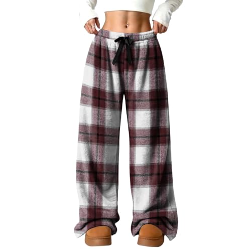 Women's Wide Leg Pants Elastic Waist Buffalo Plaid Flannel Fluffy Pant - image 2