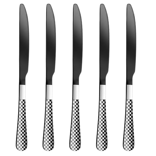 Image of 9 inch Charcoal Black Steak Knives Set of 5 with Checks Printed Handle ? Durable Stainless Steel Dinner Knife, Mirror Polished Silverware, Perfect for Home, Restaurant, and Gifting
