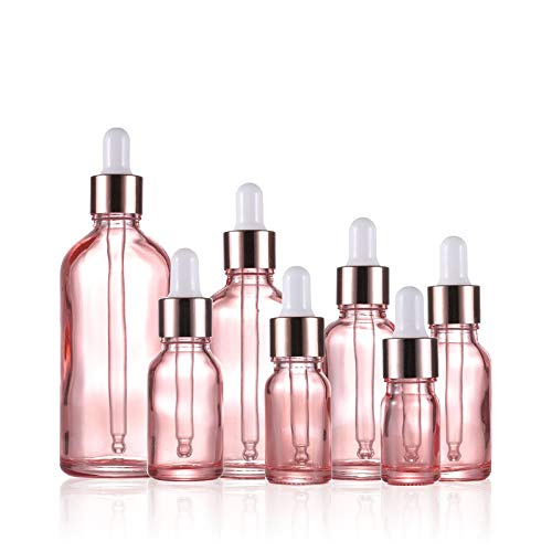 12 Pack,1 Oz Pink Glass Dropper Bottle For Essential Oils,Empty Glass Eye Dropper Bottle Holder With Glass Pipette,Rose-Golden Caps Perfume Travel Vial Container-Pipette,Stickers,Funnel Included #TOP5