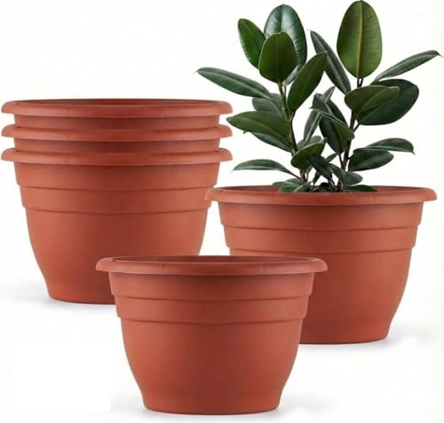 RooTrimmer 5 Pack 10 Inch Plastic Plant Pots Lightweight Planters with Drainage Holes,Durable Indoor & Outdoor Flower Pots for Garden,Patio & Home Decor(Pottery Red)