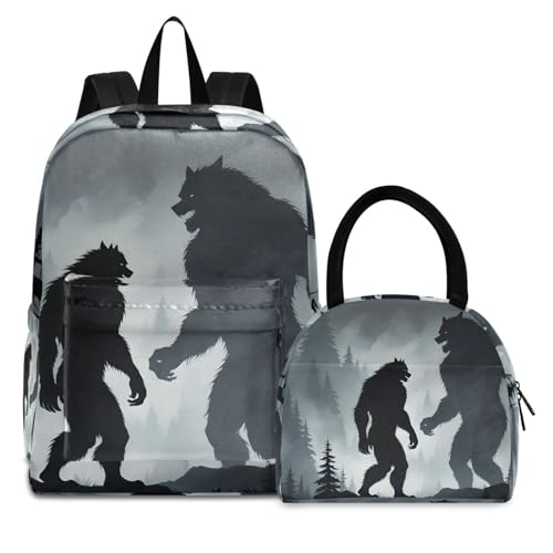 Backpack Lunch Box Set Large Capacity Travel Backpacks and Insulated Lunch Bag for Commute Hiking Picnic Shade Of Werewolf Print