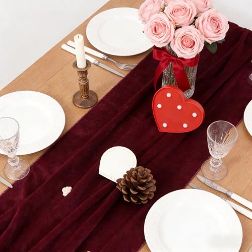 Image of MLMC Velvet Table Runner 10ft Luxury Velvet Fabric Elegant Table Decorations 20x120 Inches for Wedding Anniversary Romantic Dinner Holiday Kitchen and Dining Table Decor, Burgundy Red