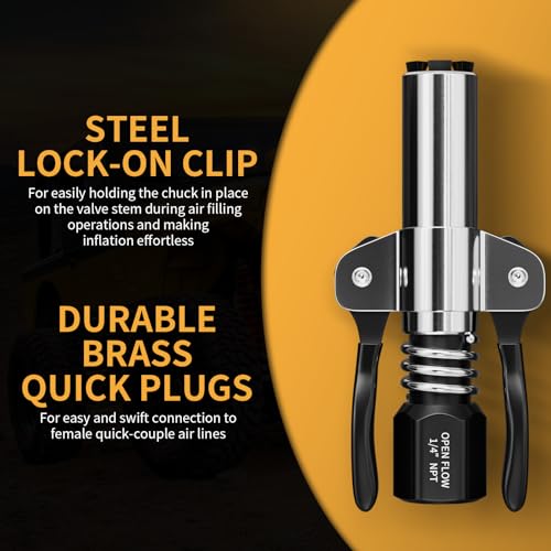 Locking Air Chuck, Heavy Duty Open Flow with Six Steel Jaws, Locks onto Any Tire Valve, No Leaks or Pop-Offs, Rated to 150 PSI - Open Flow