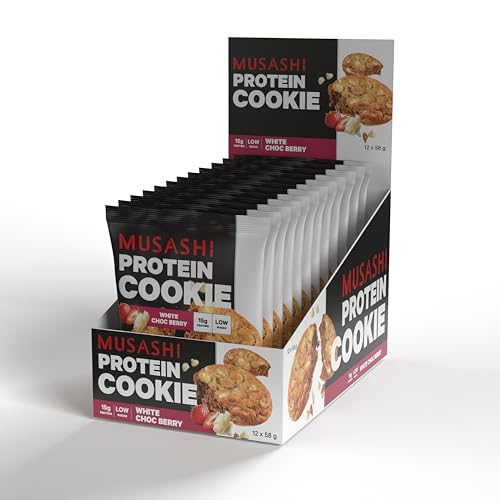 Musashi Protein Cookie, White Choco Berry, Muscle Fuel Snack, High Protein, Low Sugar, Post-Workout Recovery, Pack of 12 (12 x 58g Protein Cookies)