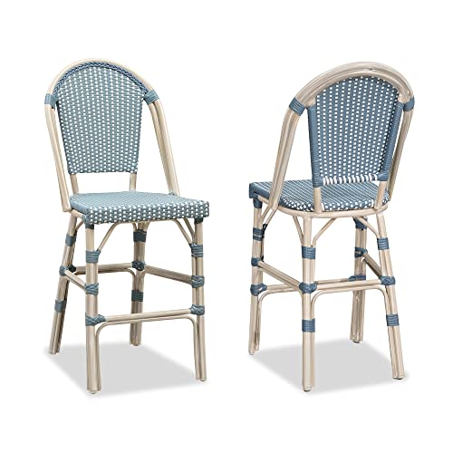 Image of PURPLE LEAF French Counter Height Bar Stool Set of 2 25 inch White Print Finish Patio Bar Chairs with Back Rattan Bar Chairs French Bistro Set for Kitchen Outdoor Counter Stool Light Blue