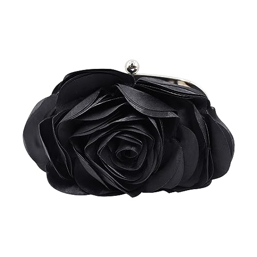 Little Floral Clutch Purse for Women - Elegant Rose Petal Evening Bag with Detachable Chain for Wedding, Gala, Prom, Black