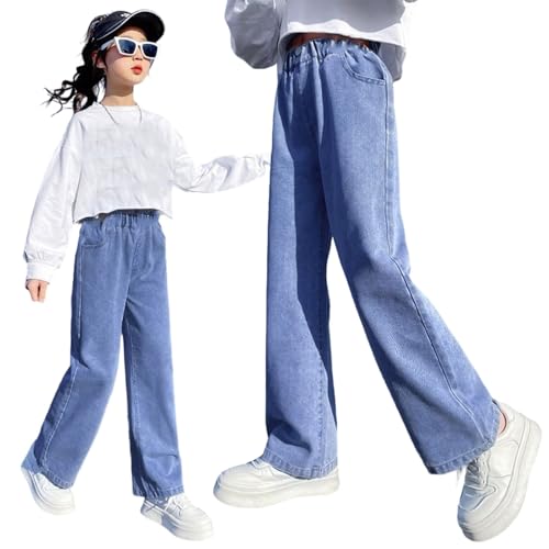 Girl’s Elastic Waist Jeans Wide Leg Demin Pants Loose Casual Trendy Streetwear Long Pants with Pockets for Teen Girl