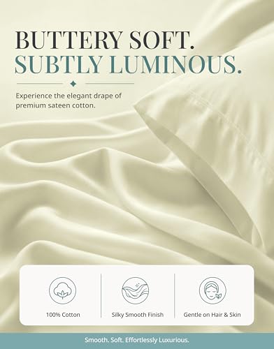 Image of LANE LINEN Cal King Bed Sheets - 450 Thread Count Sateen Weave - Extra Thick & Comfy Cotton Sheets for Hotel Quality Softness - Securely Fits Mattress Upto 15'' Deep - Oeko Tex Certified - Ivory