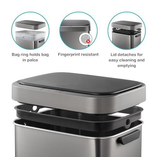 Image of 13 Gallon Trash Can, Touchless Stainless Steel Kitchen (Titanium) | Automatic Motion Sensor Lid | 50L Fits 13 Gal Tall Kitchen Bags | Anti-Fingerprint Brushed Finish | For Home Office