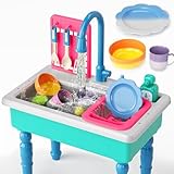 Doloowee Color Changing Kitchen Sink Toys,Electric Dishwasher Playing Toy Play Sink for Kids 3-5 with Running Water,Upgraded Faucet and Play Dishes,Pretend Play Kitchen Toys for Kids Boys Girls(Blue)