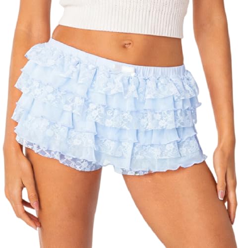 NUFIWI Women Lolita Bloomers Cute Ruffle Shorts Lace Trim Pumpkin Pants Sexy Boyshorts Layered Bottoms Y2k Fairy Sweet Pettipants(F Sky Blue S)
