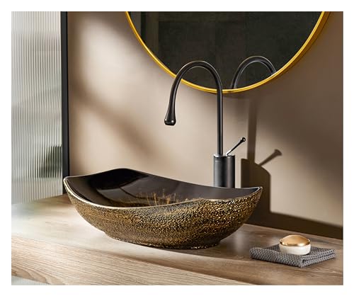 MEJE 56 x 40 CM Vintage-Gold Rand Ovales Gefäß, Waschbecken über der Theke, Porzellan-Keramikgefäß, Waschbecken, Kunstbecken