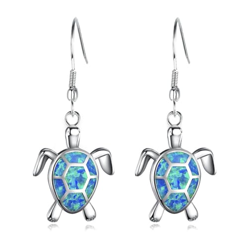 Tiny Turtles Dangle Drop Earrings 925 Sterling Silver Pin Lovely Animal White Opal Hook Hoop Earring Drops Delicate Jewelry Gift for Women Girls Sensitive Ears