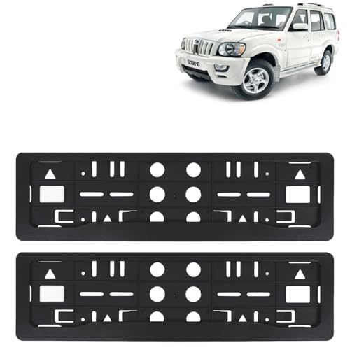 Image of KINGSWAY Scorpio Car Number Plate Frames for All 2006 to 2014 Models of Mahindra Car Registration Plate Holders, Black Licence Plate Covers (Front and Rear), Universal Size 51.5 x 14.5 cm