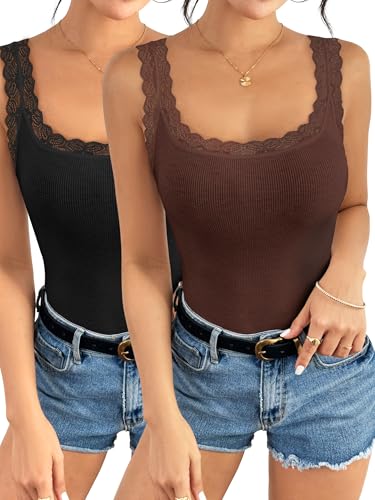 Image of Ibeauti 2 Pack Lace Camisole Tank Tops for Women Sleeveless Summer Going Out Tops Ribbed Cami Undershirts