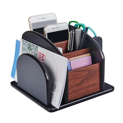 RMNKTHC Organizador de Escritorio de Madera con 6 Compartimentos – Portalápices Multifuncional Giratorio para Objetos Pequeños, Soporte para Mandos a Distancia, para Oficina Escuela Hogar
