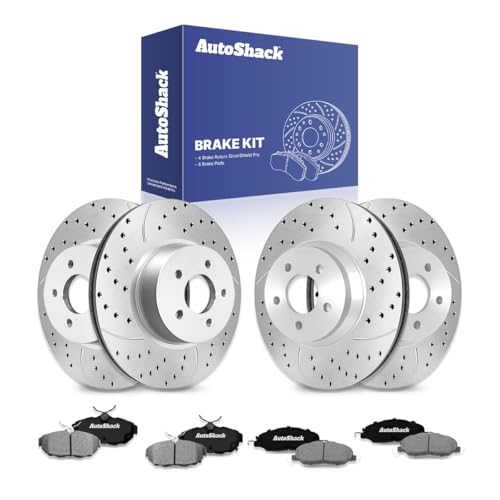 AutoShack Front & Rear Drilled & Slotted Brake Rotors Ceramic Brake Pads Replacement for 2011-2014 Ford Mustang 3.7L V6 RWD Silver Zinc Coated 12-PC Brake Kit SilverShield Pro