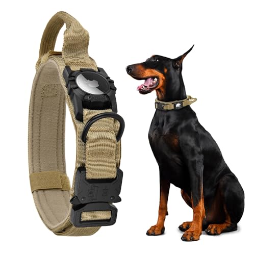 for AirTag Dog Collar - Tactical, Heavy Duty, Adjustable GPS Dog Collar Compatible with AirTag, with Holder & Control Handle for Medium Dogs, Double Locking Metal Carabiner [Brown, M (15-18.5")]