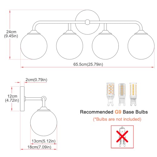Image of Modern Brushed Brass Bathroom Light Fixtures, Elegant Gold 4-Lights Vanity Light Fixtures, Milky White Globe Glass Shade Vanity Light over Mirror, Wall Sconces for Bathroom Dressing Table Bedroom