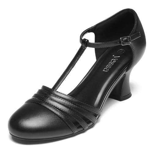 YESSA 1920s Shoes for Women Leather/Satin Ballroom Dance Shoes,T-Strap Character Shoes,2