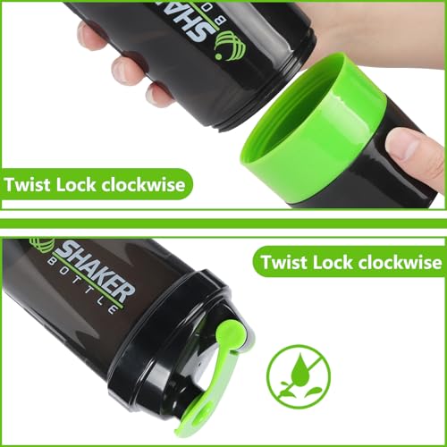 VIGIND Protein Shaker Bottle,Sports Water Bottle,Leak Proof Shake Bottle For Protein Mixer,Non Slip 3 Layer Twist Off 3oz Cups with Pill Tray,Workout Shaker Bottle 16oz,Green