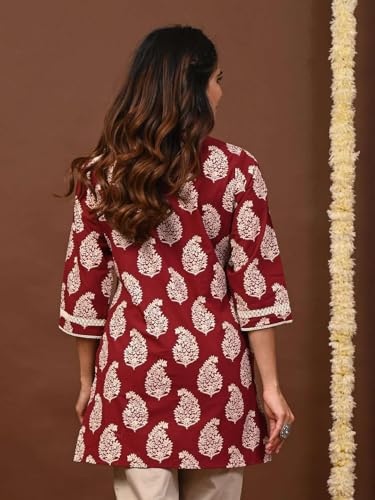 Image of Rimeline Women's Floral Printed Cotton Kurti Top | Round Notch Neck 3 /4 Sleeve Straight Fit Casual Tunic