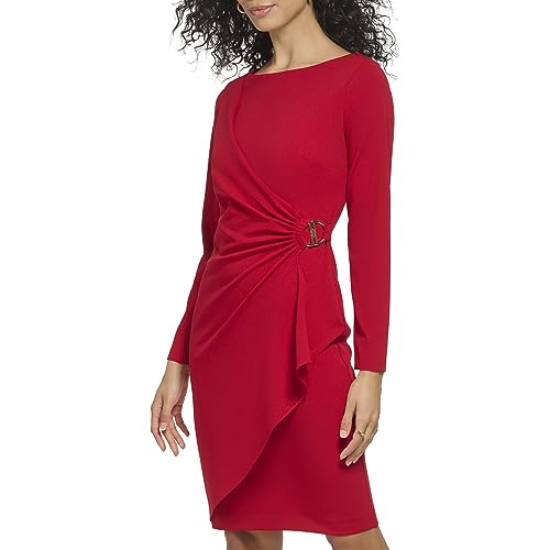 Image of DKNY Women's Long Sleeve V-Neck Side Ruched Sheath Dress with Hardware