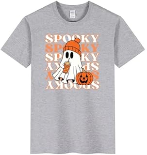 تي شيرت هالوين شبح رمادي، تي شيرت قطن للجنسين، تصميم مخيف مع طباعة اليقطين، مقاس ملابس كاجوال (3-6 سنوات)